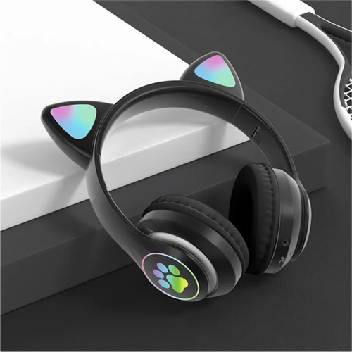 Audífonos Bluetooth Luz De Colores Orejas De Gato Micro Sd