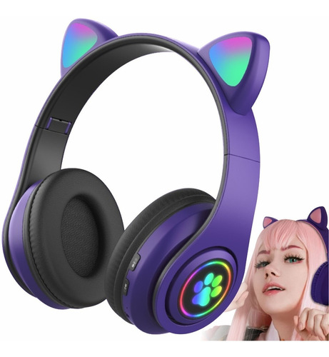 Audífonos Bluetooth Luz De Colores Orejas De Gato Micro Sd