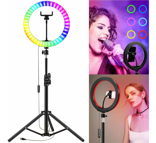 Lampara Aro Luz Led Rgb + Tripie 26cm Diam. Porta Celular