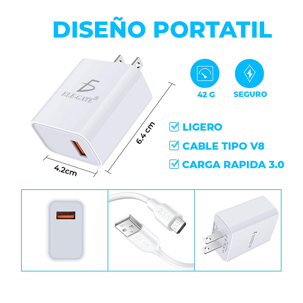 Cargador Rápido para Celular Android 5V 2A Con Cable de Micro V8