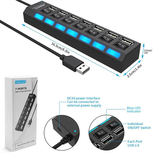 Hub Con 7 Puertos Usb 2.0 Para Laptop Pc Indicador Led Azul