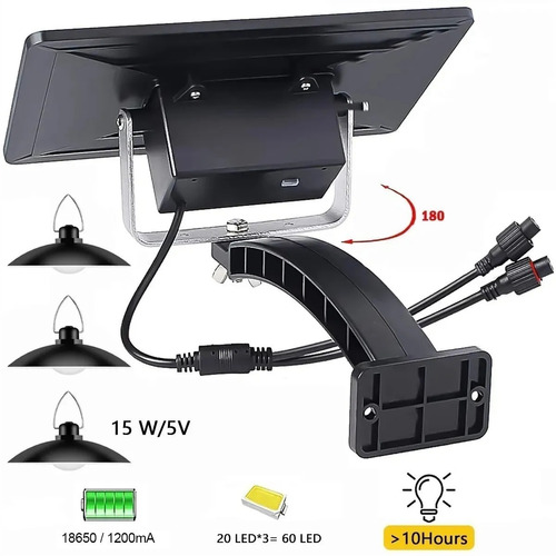 Lámpara Solar Exterior 3 Cabezales Ajustables 60 Led C/cable