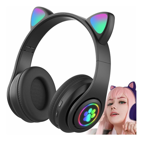 [1670] Audífonos Bluetooth Luz De Colores Orejas De Gato Micro Sd